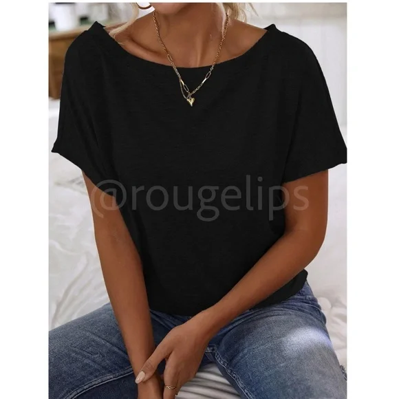 Boat Neck Batwing Sleeve Black Tee Shirt Short Sleeve - Picture 2 of 9